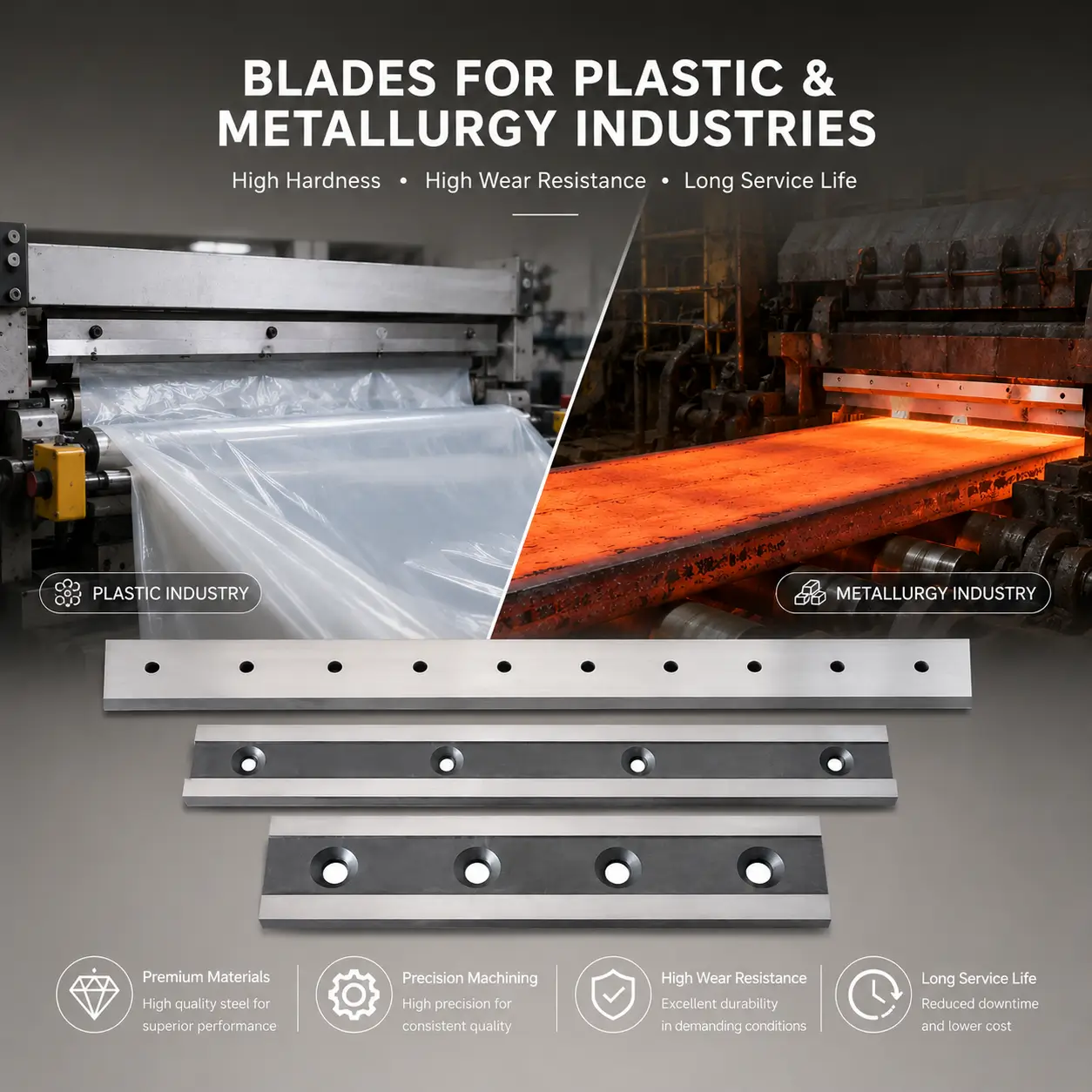 Knives for the plastic and metallurgical industries